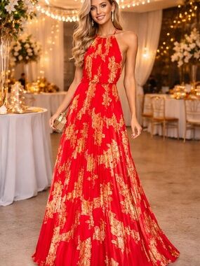 Xscape Red Halter Maxi with Gold Floral Accents Joanna Chen